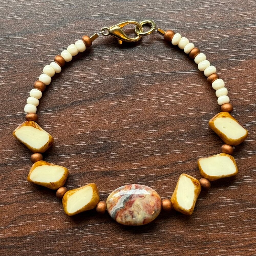 Bright Agate and Bone Beaded Bracelet Handmade